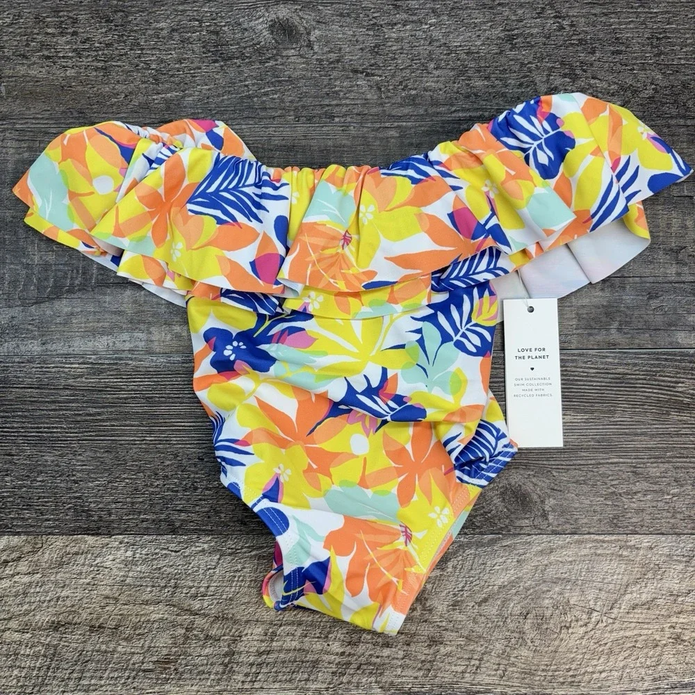 NEW Janie and Jack Recycled Palm Floral Ruffle Swimsuit Sunny Yellow 12-18 Month